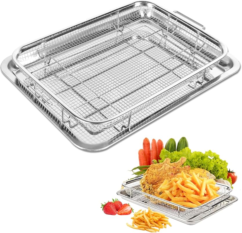 Stainless Steel Air Fryer Basket and Crisper Tray for Convection Oven, with Parchment Papers.