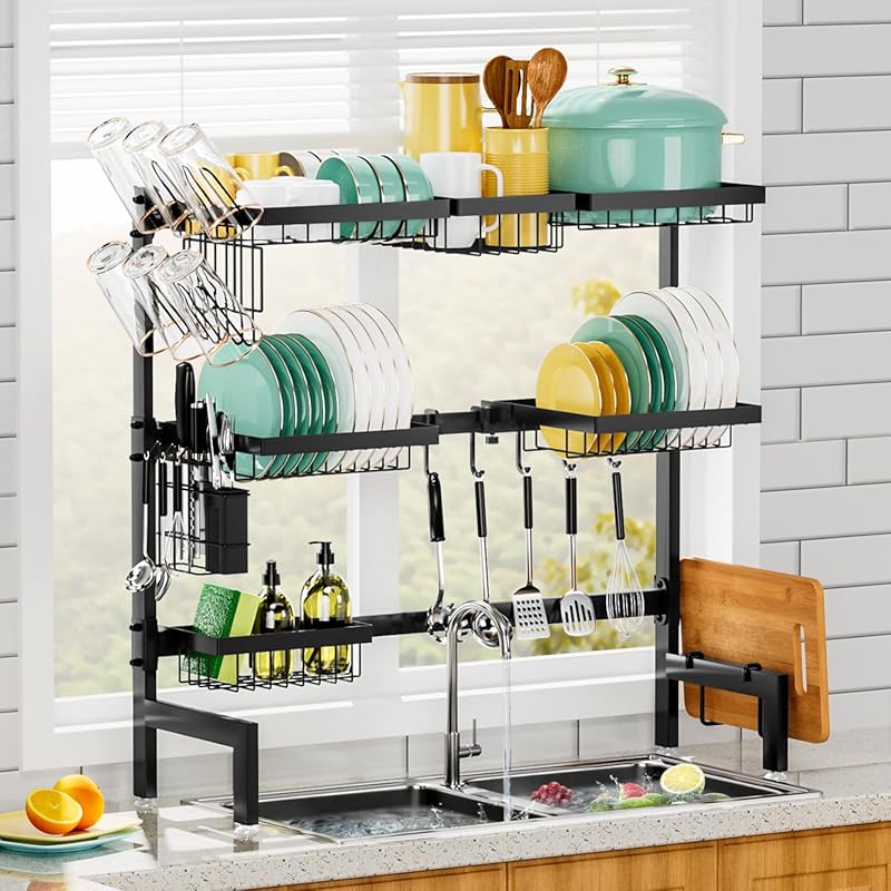 Expandable 3-Tier Stainless Steel Over The Sink Dish Drying Rack with Baskets and Utensil Holder