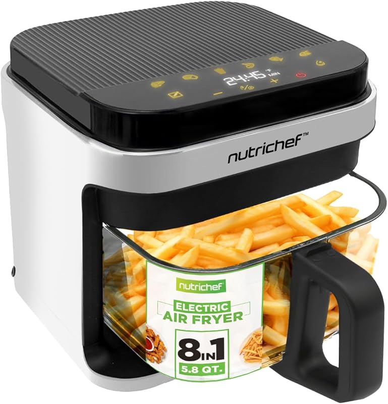 Nutrichef 5.8 Quart Air Fryer with Transparent Fry Bowl