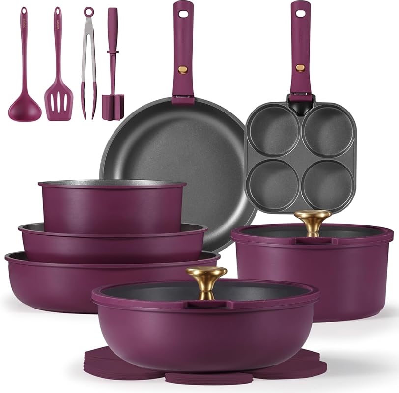 CAROTE Nonstick Pots and Pans Set with Detachable Handles for Gas Stov