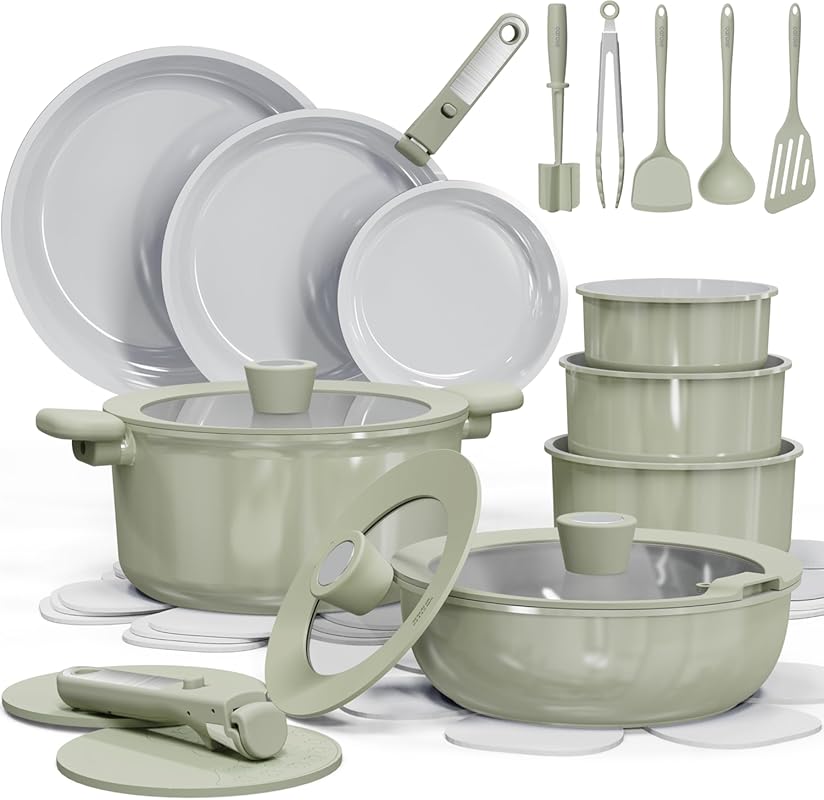 Space-Saving Ceramic Nonstick Pots and Pans with Detachable Handles fo