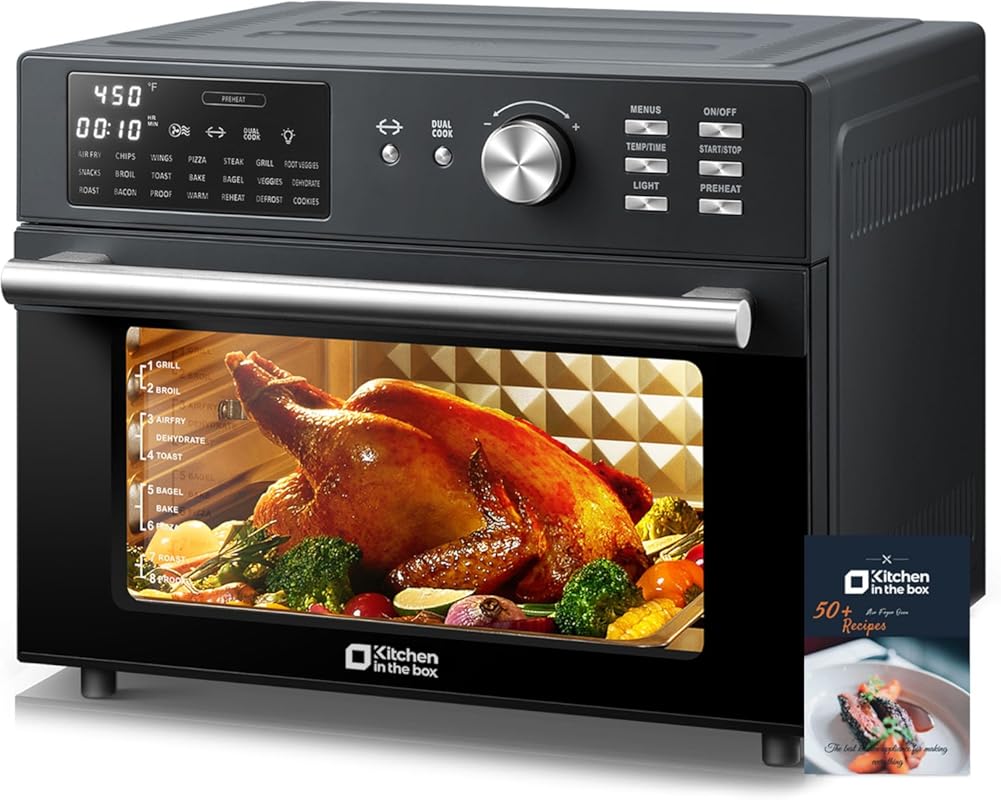 Kitchen in the box: 32QT Extra Large 21-in-1 Air Fryer Toaster Oven Combo, Black.