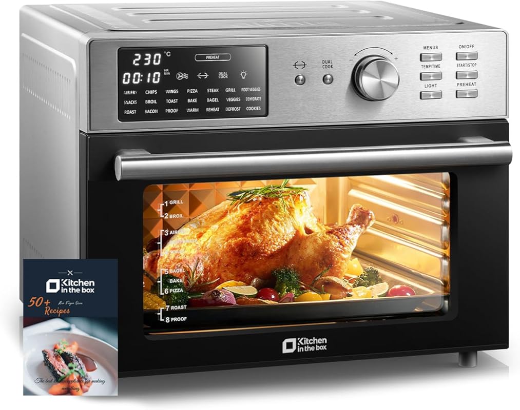 Kitchen in the box: 32QT Extra Large 21-in-1 Air Fryer Toaster Oven Combo, Silver.