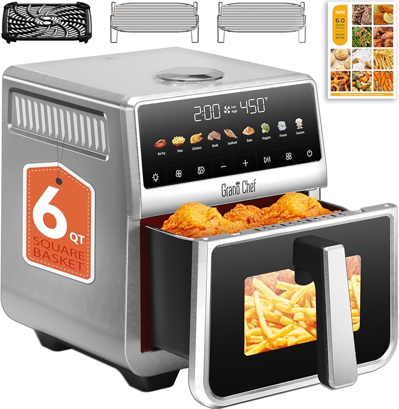Stainless Steel Air Fryer with Full Metal Pot, PTFE and PFAS Free, 9 Digital Cooking Functions
