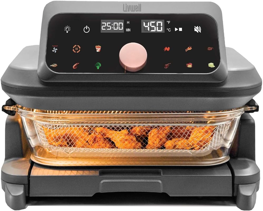 Livwell 6 Quart Glass Air Fryer with Pull-Out Drawer, Dishwasher-Safe for Roasting and Baking.