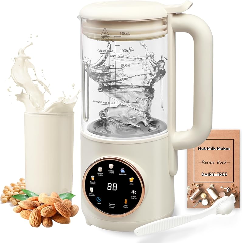 48oz Automatic Nut Milk Blender: 16 Blades, Glass Jar. Self-Cleaning,