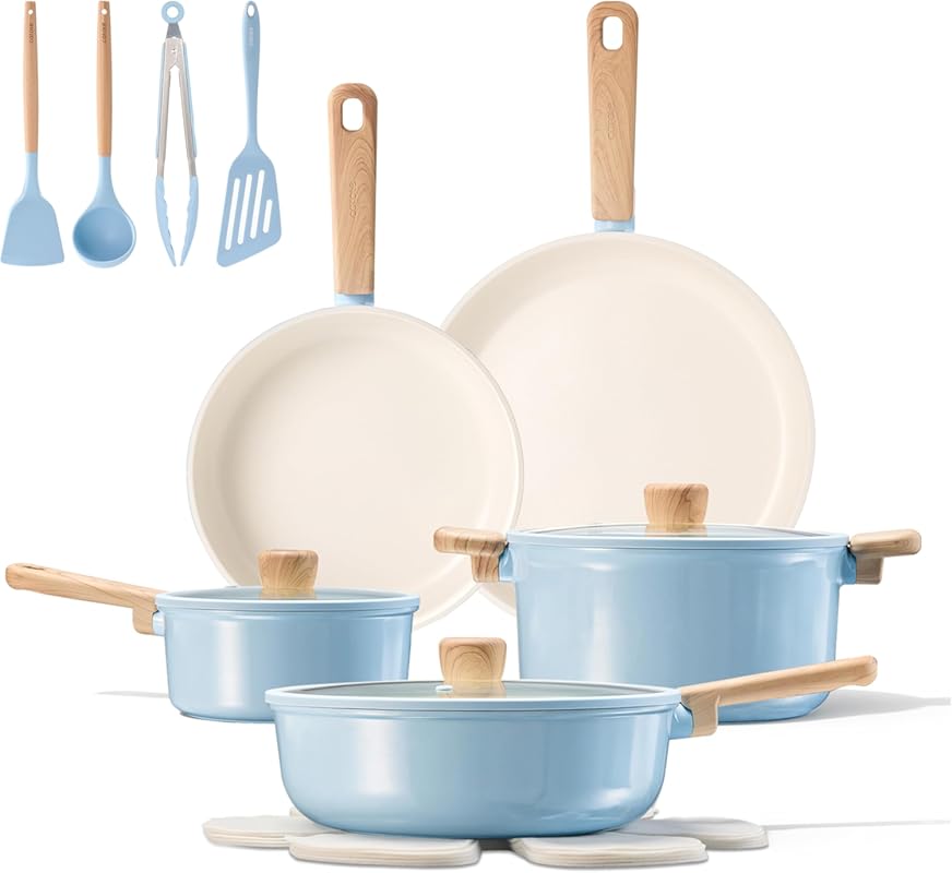 CAROTE 16pcs Ceramic Cookware Set, Pots and Pans Non Stick Kitchen Coo