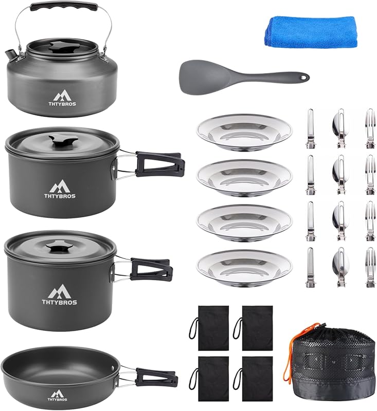27-Piece Camping Cookware Set for 2-4: Kettle, Pots, Pans, Stainless S