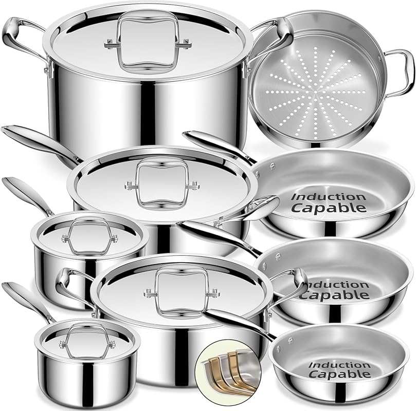 14-Piece 5-Ply Stainless Steel Cookware Set, Induction and Oven Safe f