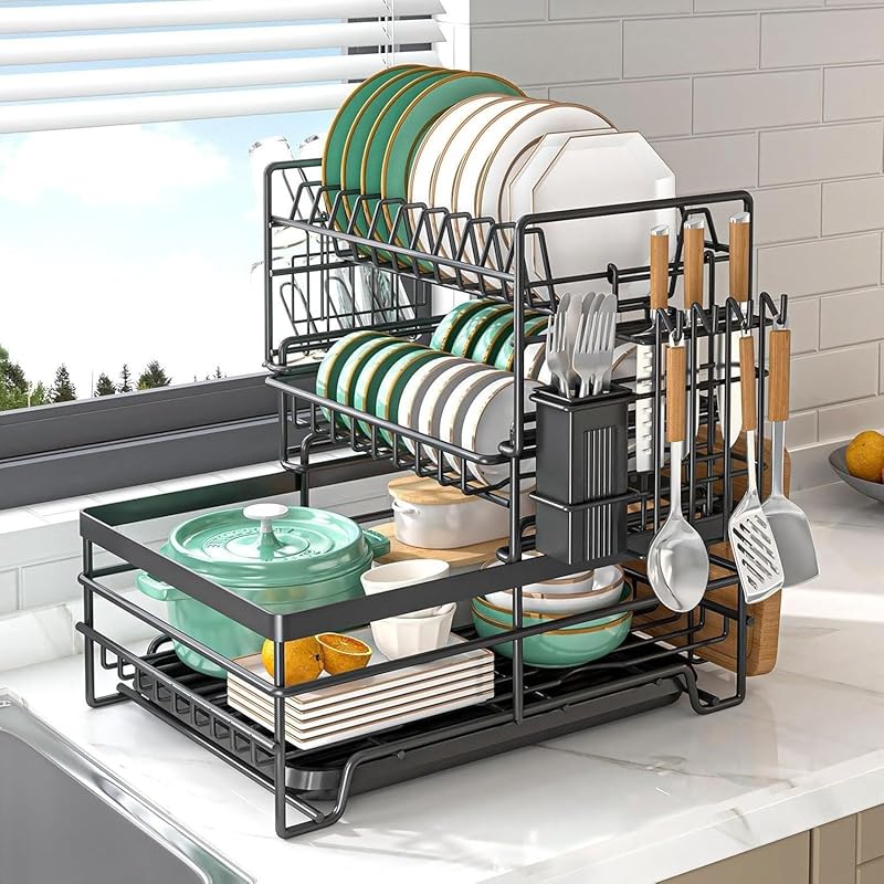 A 3-Tier Detachable Dish Drying Rack for Kitchen Counters with Drainboard and Utensil Holder