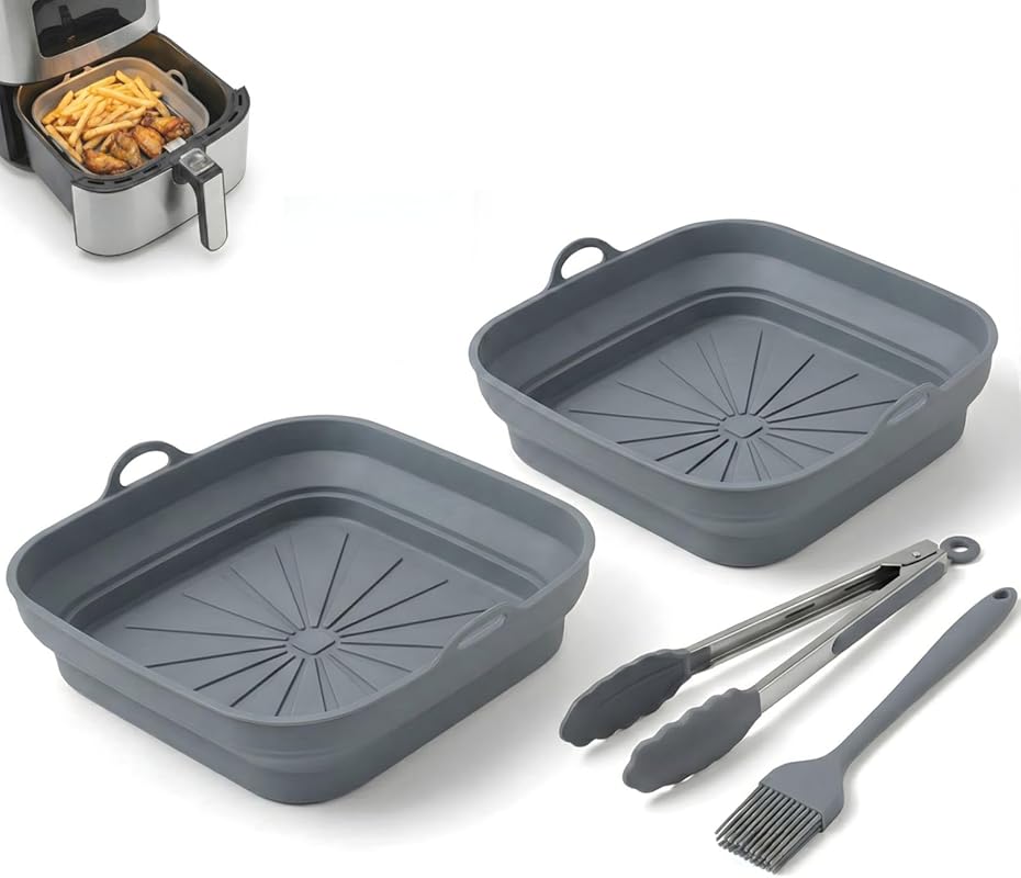 4-Piece Reusable 8-Inch Silicone Air Fryer Liners Set with Collapsible Design, Brush, and Tong.
