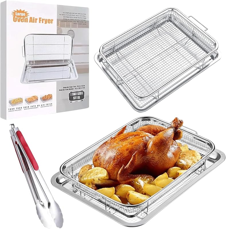 Large Stainless Steel Air Fryer Basket for Oven, 2-Pack Crisper Tray f