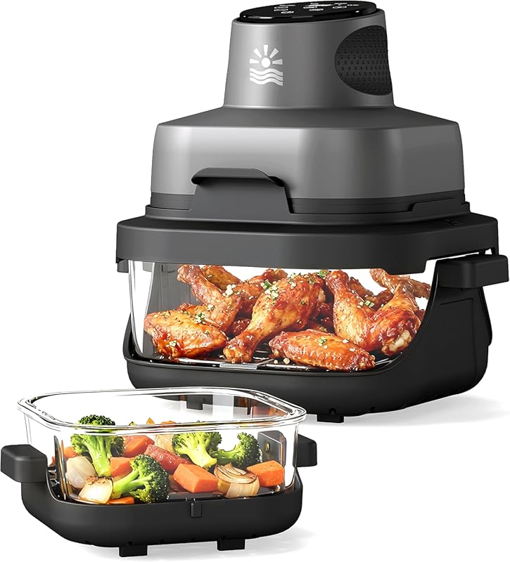 4-in-1 Portable Glass Air Fryer: 1500W, Dual 4.2QT & 1.6QT Containers,
